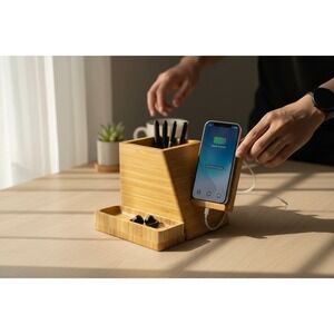 Project 62 Bamboo Desk Organizer Brown Very Good Wireless Charger USB DO3C